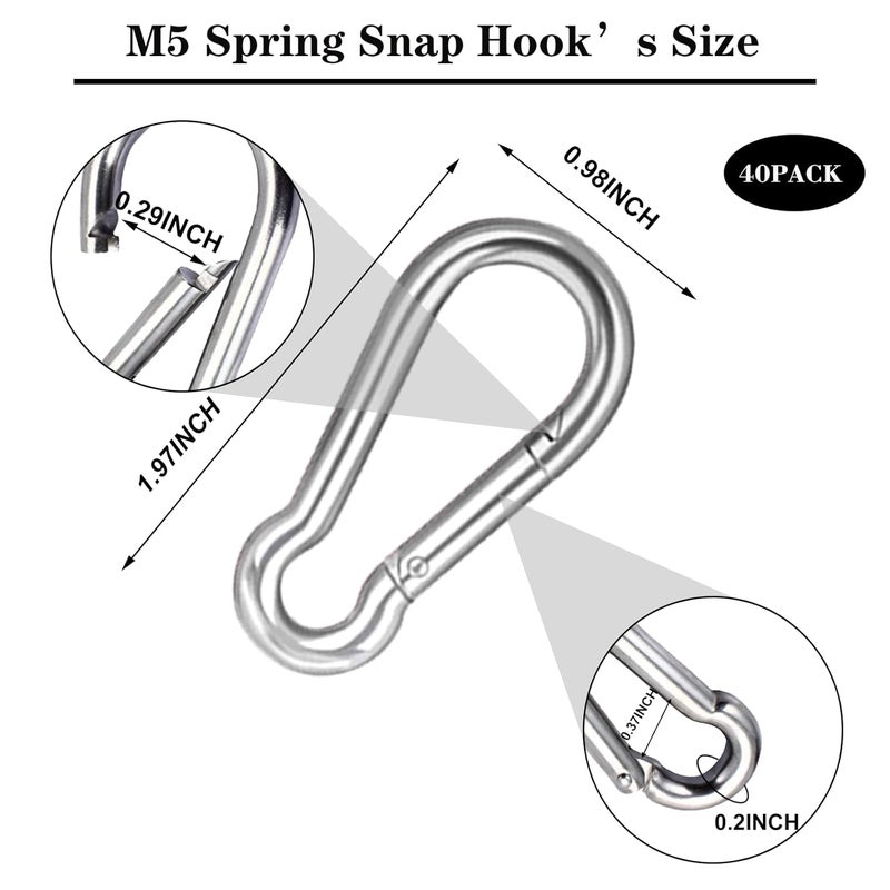 HANDRERLEE 40 PCS 2'' Spring Snap Hook Carabiner, M5 3/16 Inch Galvanized Silver Steel Small Carabiner Clip, 220LBS Holding Capacity Quick Link Clip Keychain for Hammock Dog Leash & Camping Gym - Image 2